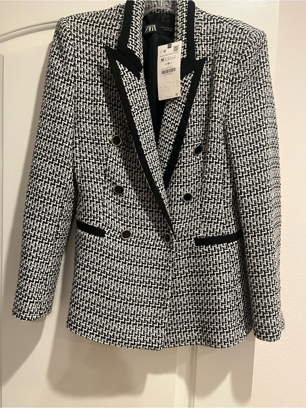 NWT ZARA Black & White Textured Double-Breasted Blazer